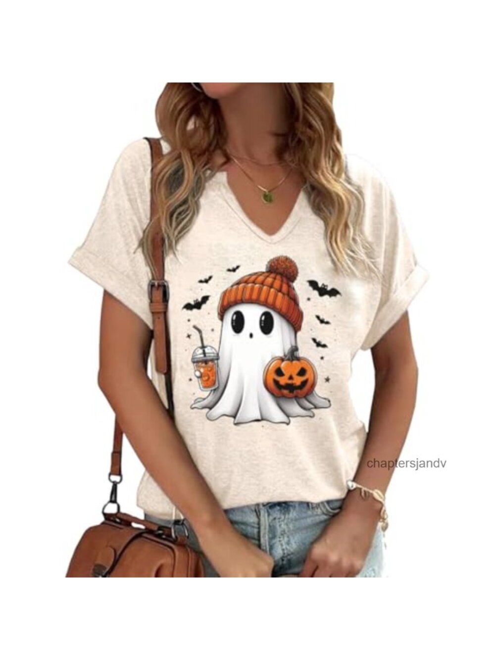 Women's Halloween Pumpkin Graphic Short Sleeve V-Neck T-Shirt Cotton Blend